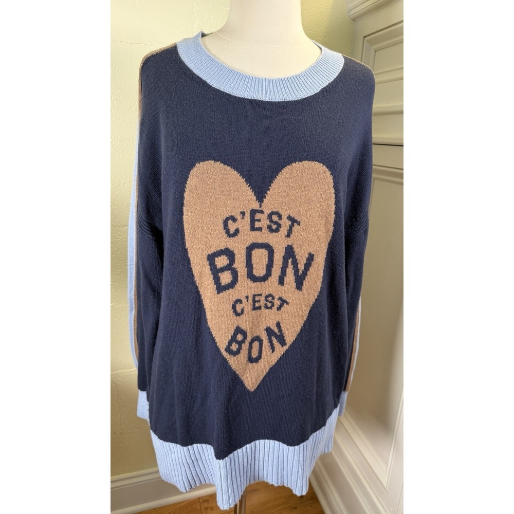 Maeve Anthropologie C'est Bon Heart Knit Sweater Sz M‎ Blue Wool Blend Oversized